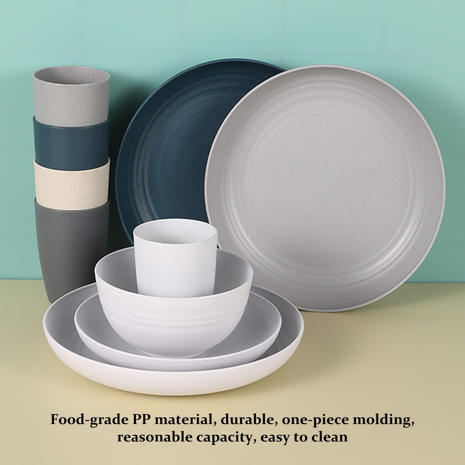 Juego de Vajilla de Plástico Cuencos Platos y Vasos Irrompibles Cubiertos Reutilizables Apto Para Microondas y Lavavajillas Ideal Para Picnics Viajes y Fiestas Navideñas (Color mixto, Juego de 24)
