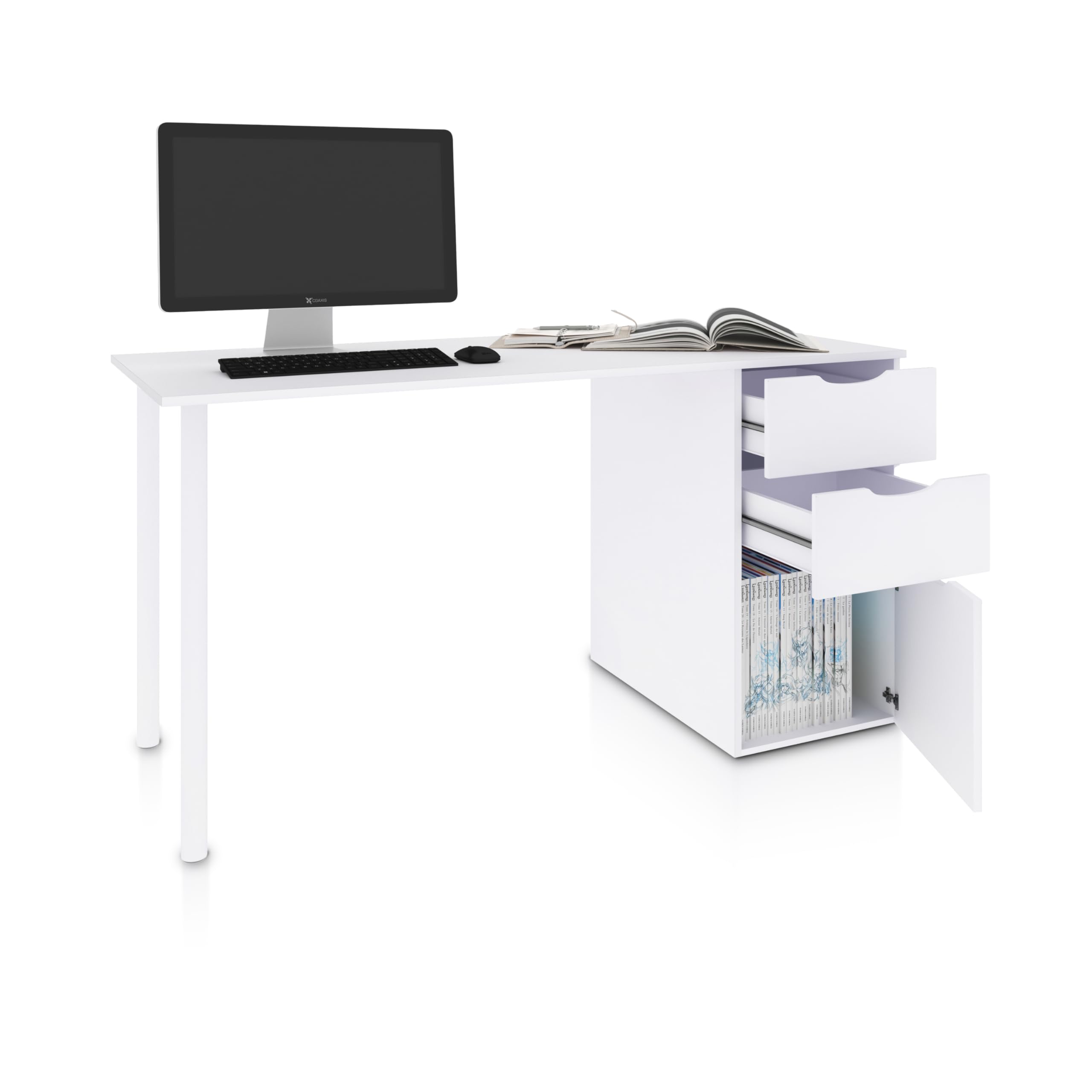 duehome | Mesa Ordenador Reversible con 2 Cajones y 1 Puerta, Mesa Despacho, Escritorio, Modelo Luma, Acabado en Color Blanco Artik, Medidas: 138 cm (Ancho) x 60 cm (Fondo) x 74 cm (Alto)