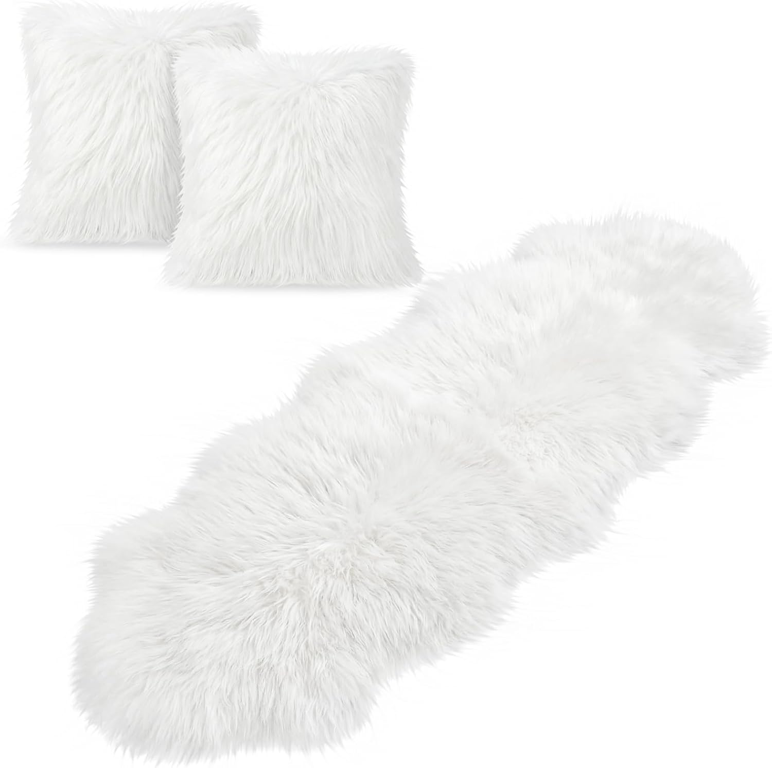Irenare Ultra Soft Shag Set 2 x 6 ft Luxury Sheepskin Rug and 2 Pcs 18" x 18" Fluffy Faux Fur Pillow Covers, White Machine Washable Faux Fur Decorative for Bed Couch Nursery Living Room Spring Decor