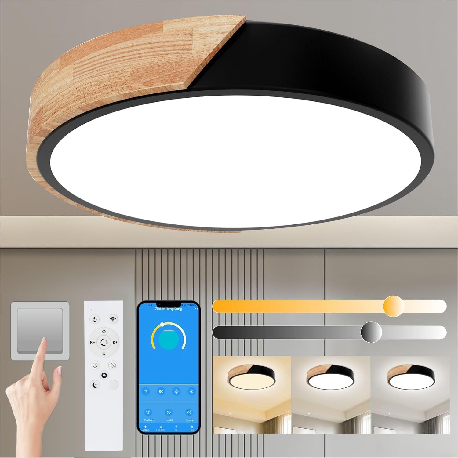 Yexati Plafoniera LED Dimmerabile 3000K-6000K,32w Plafoniera Led Soffitto Moderna in Legno,Plafoniere Telecomando&Smart App,Adatto a Soggiorno,Camera da letto, Cucina, Nero