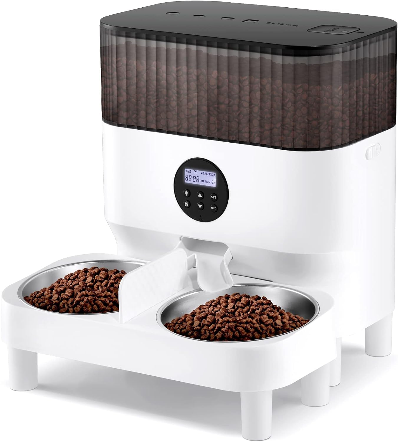 Sailnovo Comedero Automático para Dos Gatos, Dispensador de Comida Seca para Mascotas, Recordatorio de Voz 10s, hasta 80 Porciones y 4 Comidas al Día para Perros y Gatos, Blanco-5L