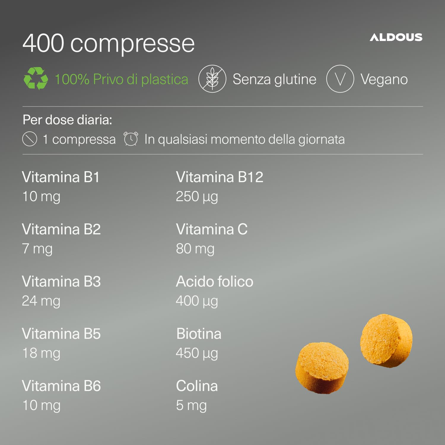 Vitamina B Complex Alto Dosaggio + Vitamina C - 400 Compresse Vegan - Multivitaminico - Vitamina B12, B1, B3, B4, B5, B6, Acido Folico, Biotina, Colina - Integratori Stanchezza - Vitamine B - ALDOUS
