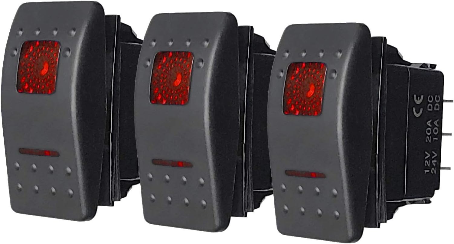 MGI SpeedWare 3-Pack Marine Rocker Switches with Illuminated LED, 20A 12vDC, SPDT Latching ON/Off/ON - Red