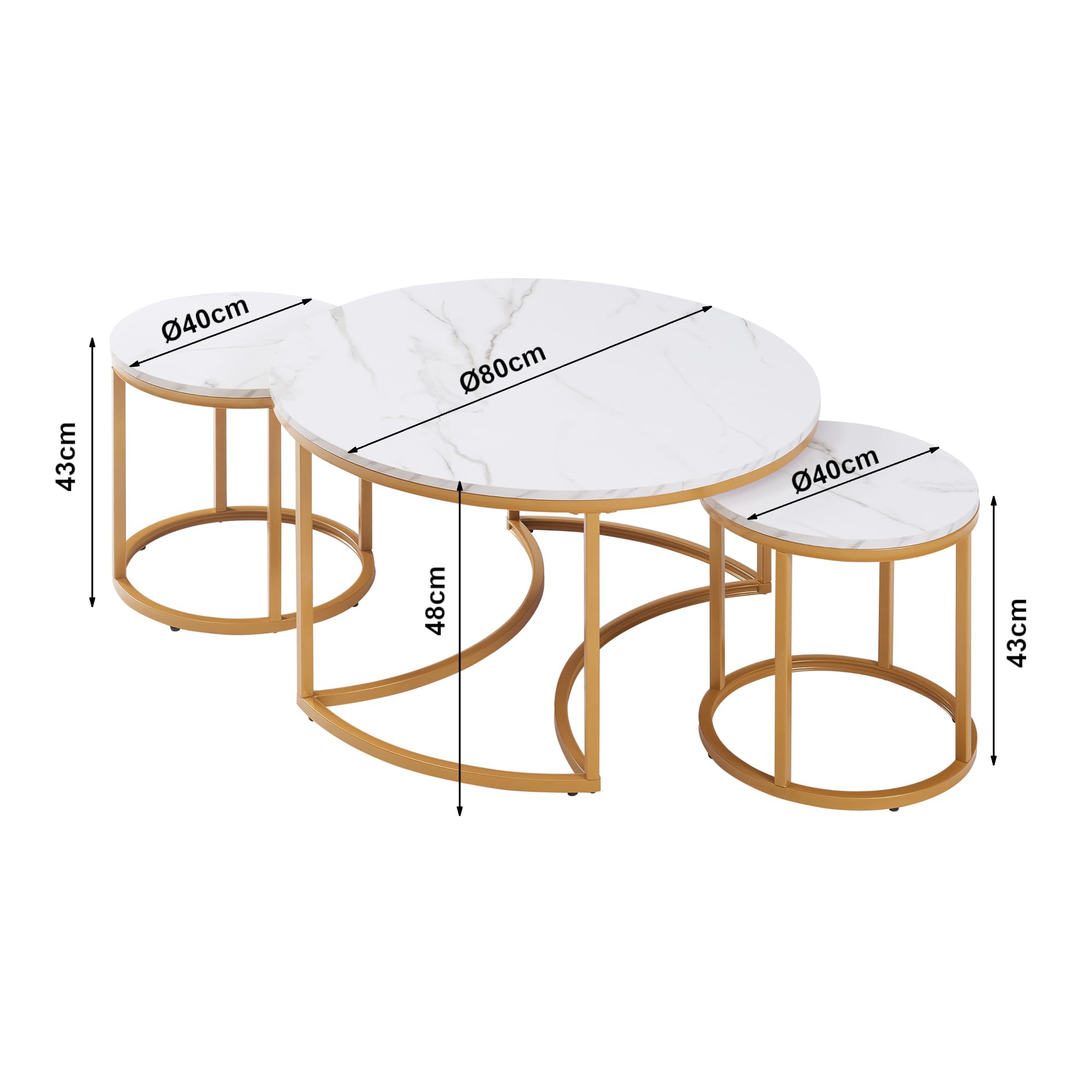 [en.casa] Set di 3 Tavolini Sovrapponbili Tavoli Bassi da Salotto con Piano Rotondo Tavolini da Caffè in Misure Diverse Base Circolare e Semicircolare in Metallo - Effetto Marmo Bianco/Oro