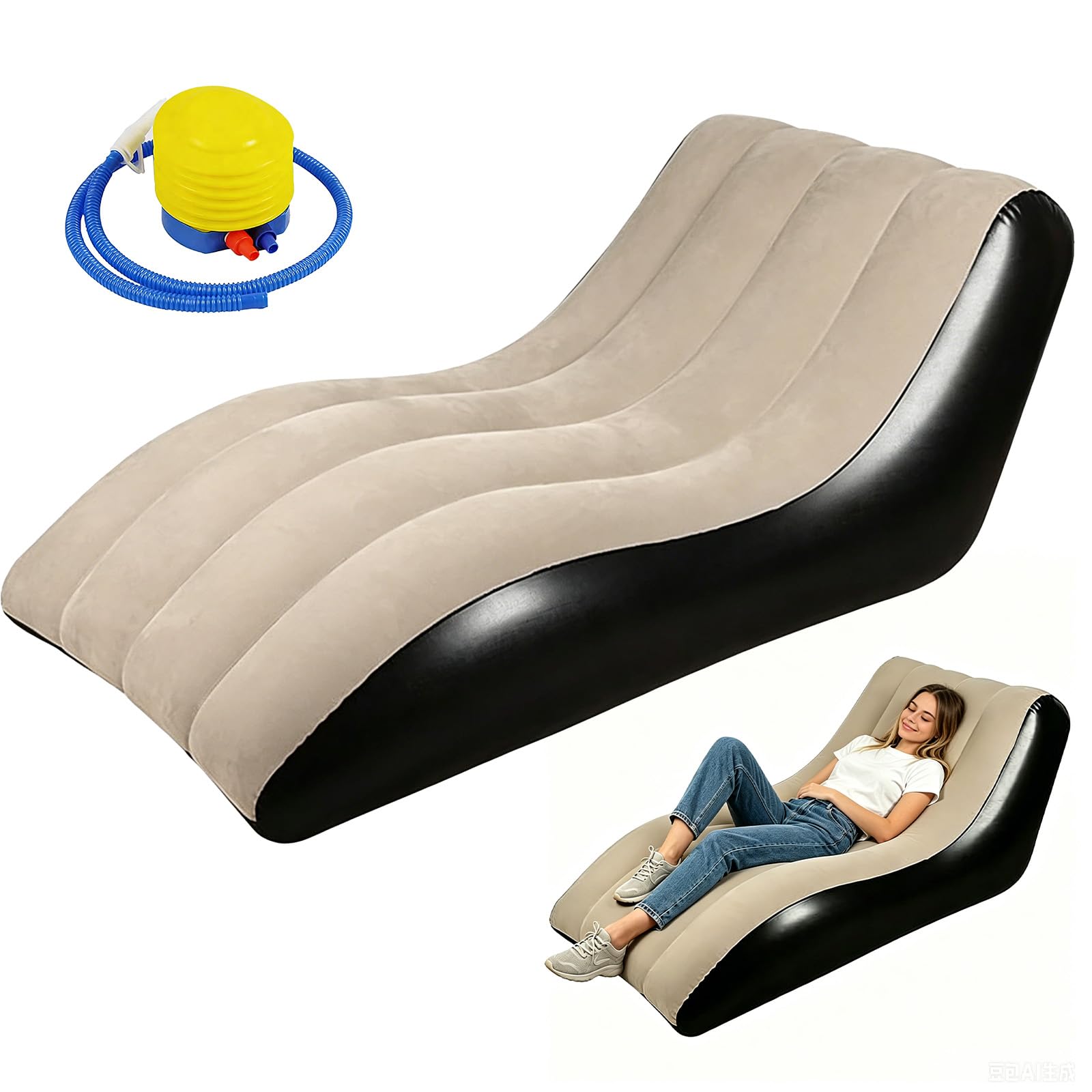 Aufblasbares Sofa, Aufblasbare Couch mit beflockter Oberfläche, Wasserdichtes Luftsofa, Sessel aufblasbar mit Luftpumpe, Tragbare aufblasbare Liege für Camping, Strand, Outdoor, Wohnzimmer (Khaki)