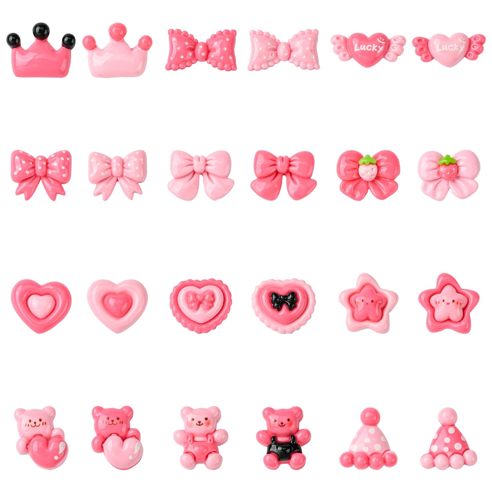 UR URLIFEHALL 48 Pcs 24 Styles Hot Pink Resin Cabochons Heart Star Bowknot Flat Back No Hole Beads Charms for Jewellery Crafts Phone Case Decor