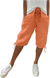 Linen Shorts for Women Summer Knee Length Elastic Waist Capri Pants Casual Gym Drawstring Bermuda Shorts with Pockets