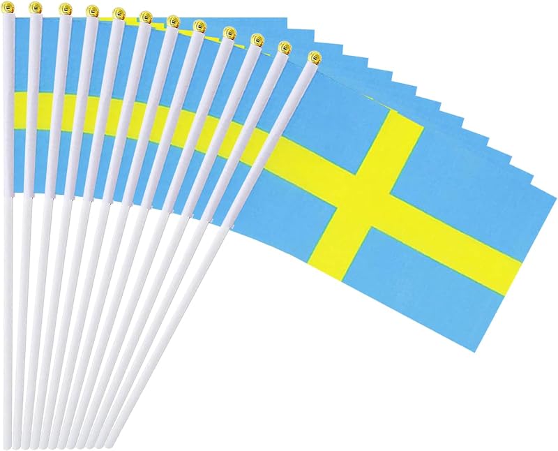 mflagperft Sweden Flags on Stick 12 Pack, Small Handheld Swedish Flag | 5.5x8.2 in,Weather Resistant Polyester,Table Decor,School Projects,Teachers,Event Attendees,Soccer Games,Parades,Celebrations