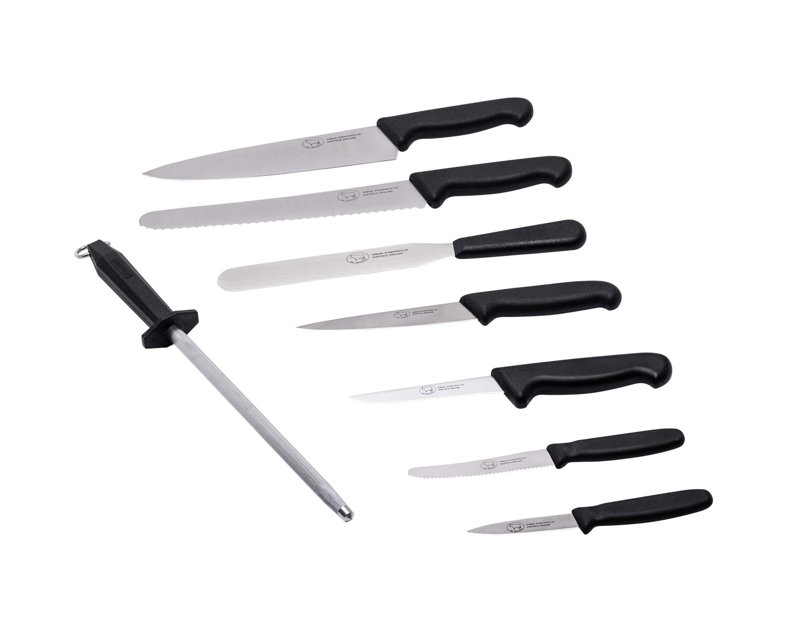 THE SMITHFIELD 8-Piece Professional Chef Knife Set with Canvas Roll-Up Wallet – Stainless Steel Blades, Durable Polypropylene Handles – Perfect for Culinary Students, Beginner Chefs – Black Handle