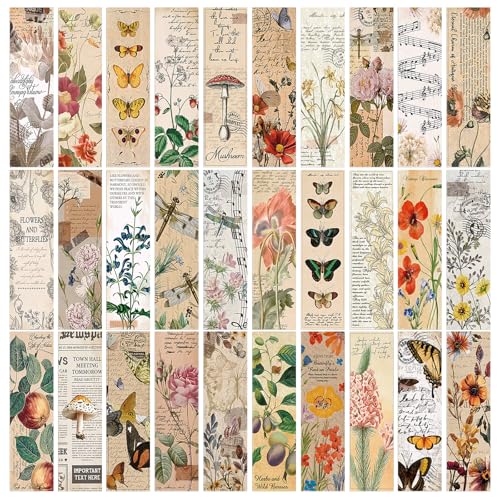 JSRQT 30 Piezas Marcadores de Libros Papel Vintage, Marcapáginas Cartón de Flores Mariposas Doble Cara, Clips de Página Bookmark Estética Retro para Mujere Hombre Niños, Premios Aula, Regalo Lectura