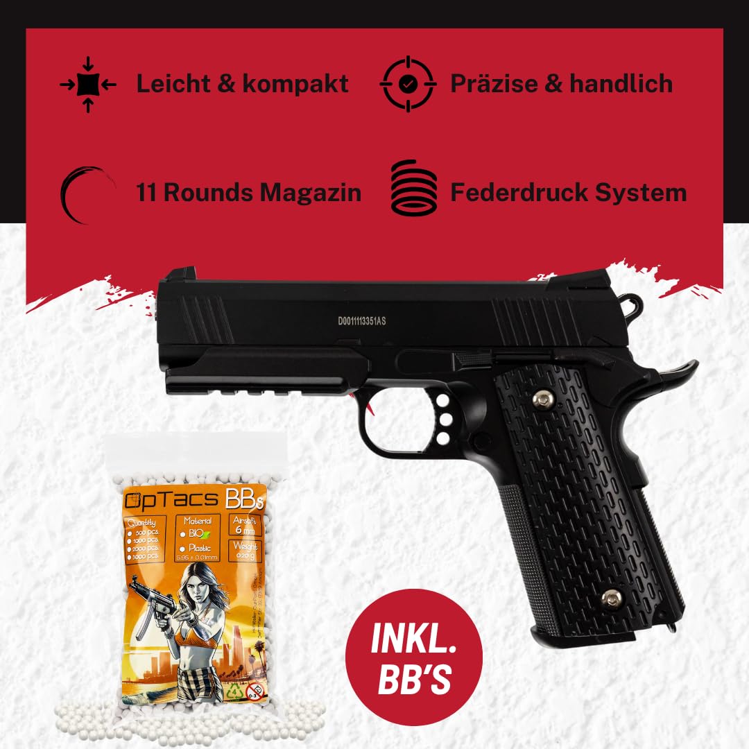 Softair Pistole Set Galaxy G25 Warrior 6mm Federdruck ab 14 Jahren unter 0,5 Joule Vollmetall Nachbildung 1911 mit Magazin und 500 OpTacs BBS für Einsteiger Airsoft