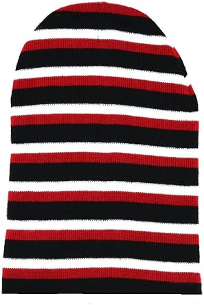 Mm Mens Long Striped Beanie Knit Hat Black Red White