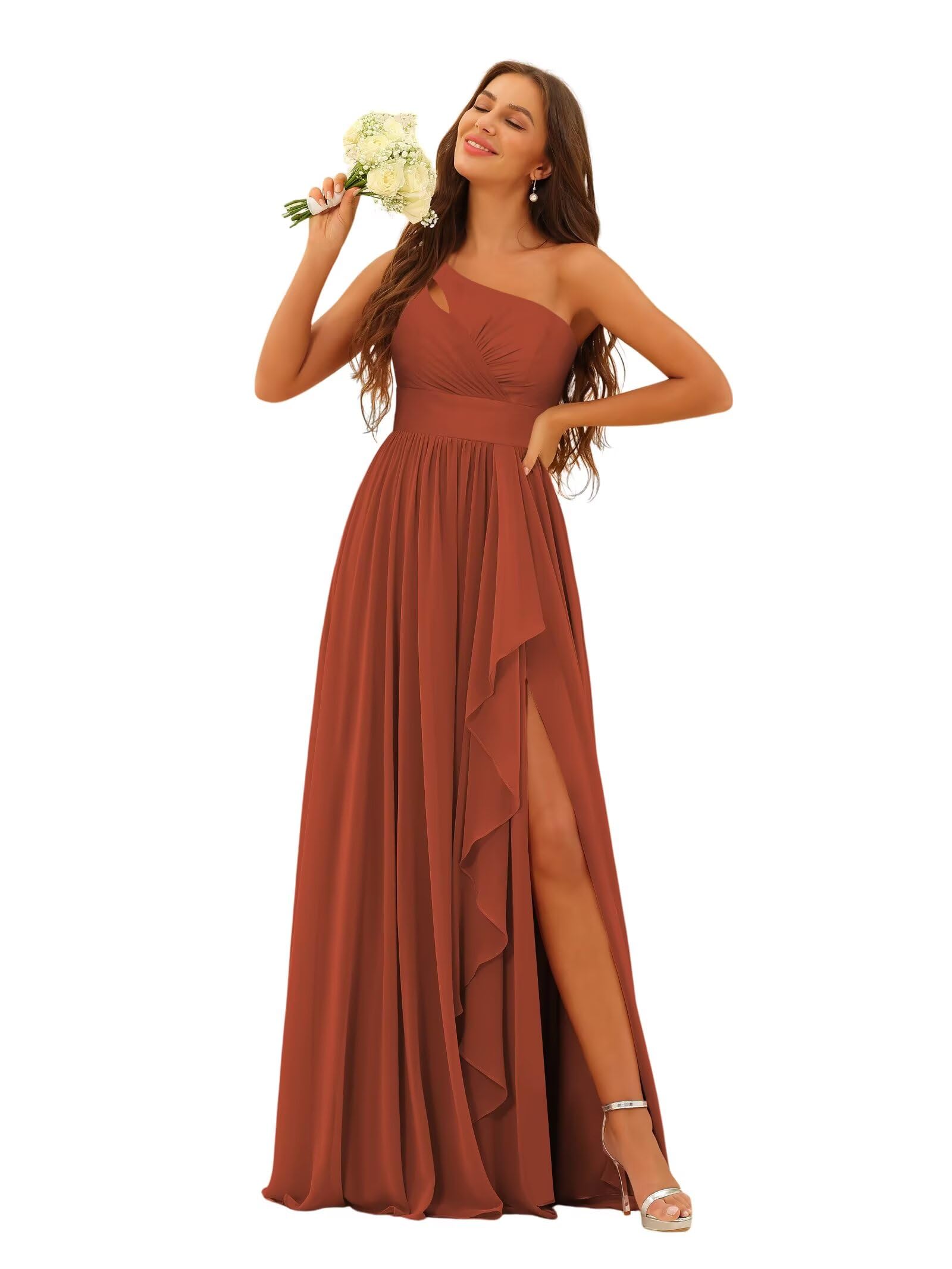 deamify One Shoulder Bridesmaid Dresses Long for Women Side Slit A Line Chiffon Formal Dress with Pockets DIN020