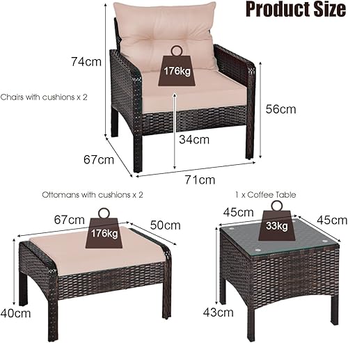 Miniatura 5 de Toolsempire Juego de muebles de patio de 5 piezas, silla de mimbre de ratán para conversación al aire libre con 2 otomanas y mesa de centro de