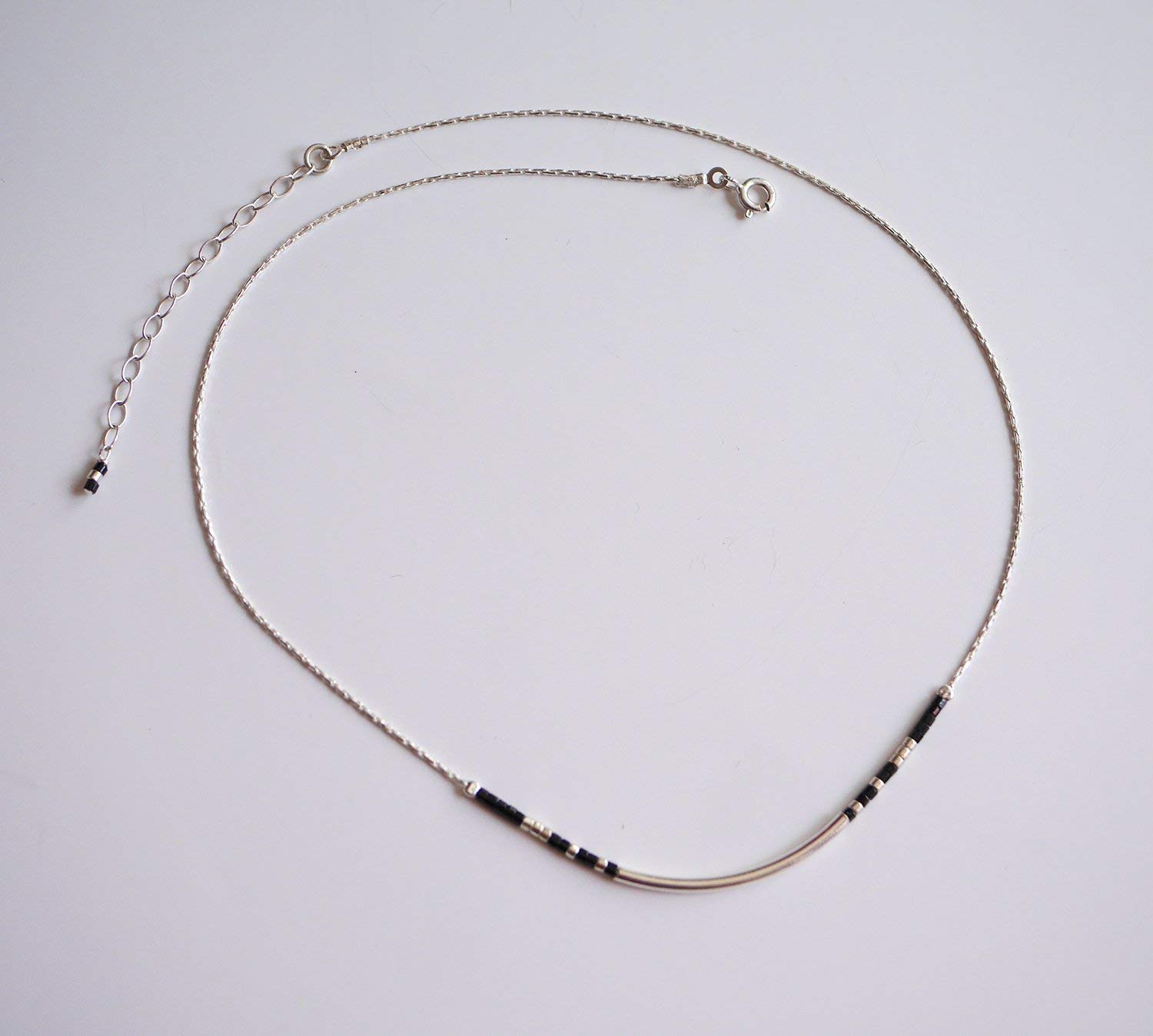 Collier fin choker perles miyuki noires - chaine serpent argent massif 925 - Collier perles noires - collier minimaliste discret élégant