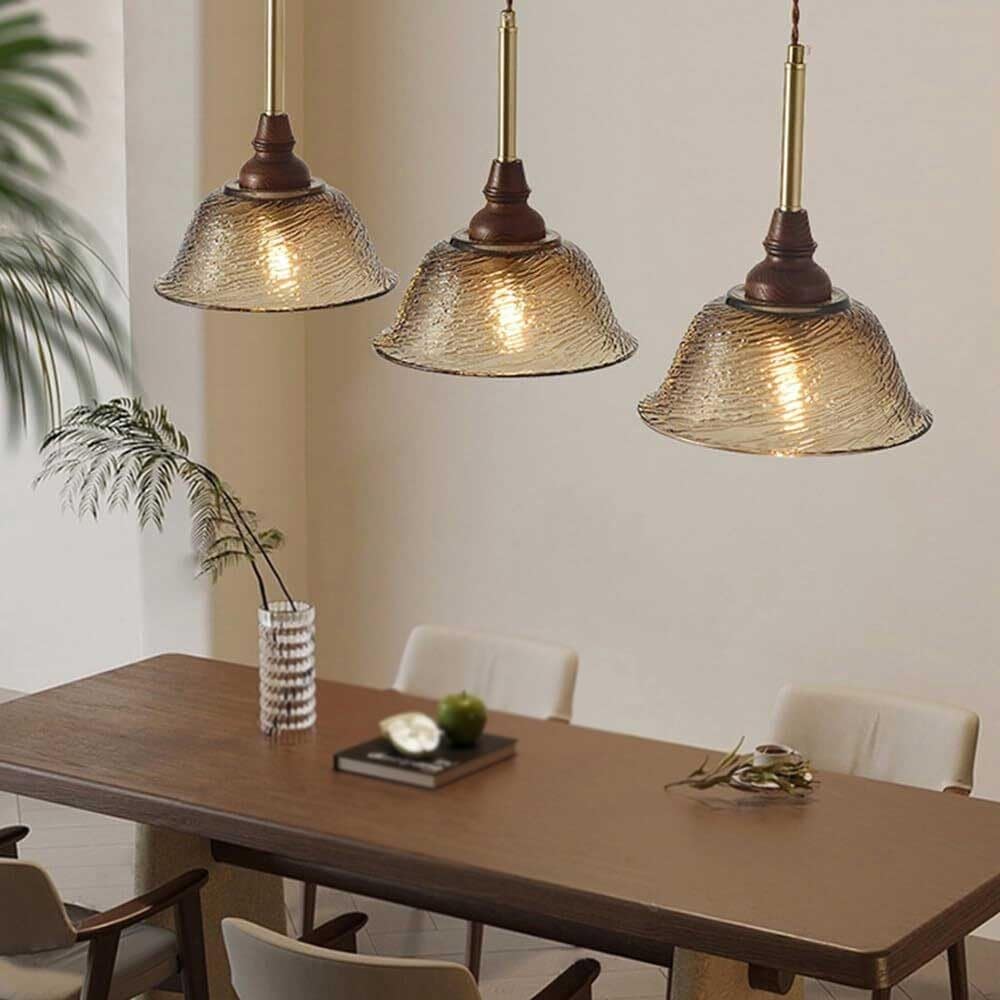 Suspension En Verre À 3 Lumières, Lustre En Bois Pour Îlot de Cuisine