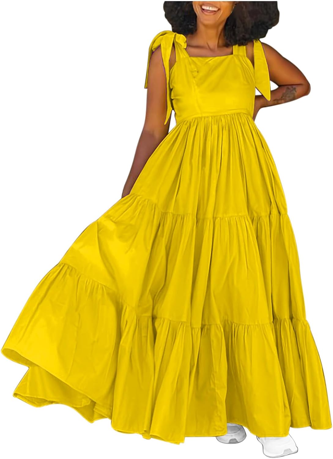 HGps8w Women's Bohemian 2025 Summer Tiered Beach Maxi Dress - Spaghetti Tie Strap Square Neck Long Swing Vacation Dresses
