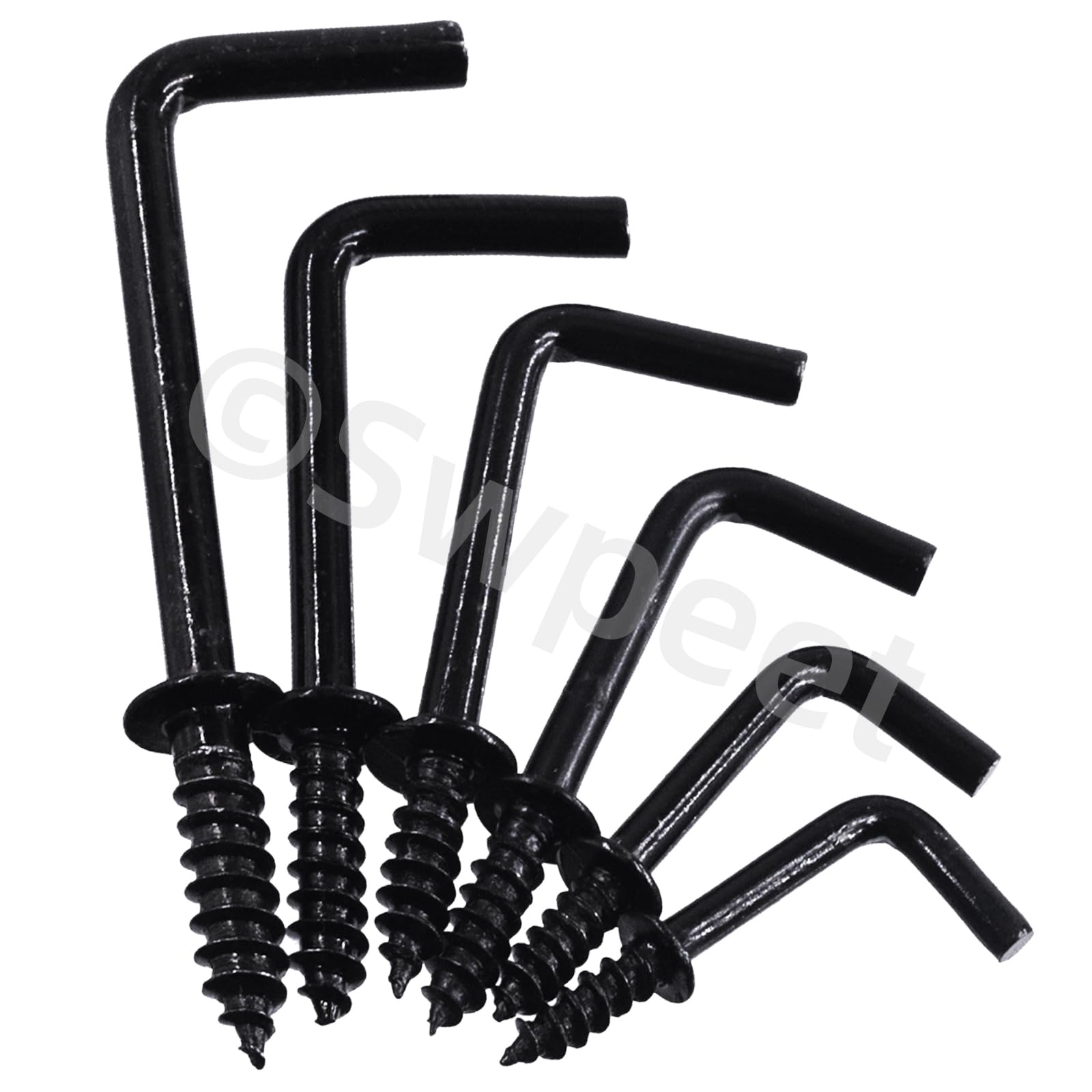 Swpeet Kit di 120 ganci quadrati in acciaio al carbonio nero, 6 misure, viti autofilettanti a forma di L, ganci ad angolo retto per casa, posto di lavoro, ufficio