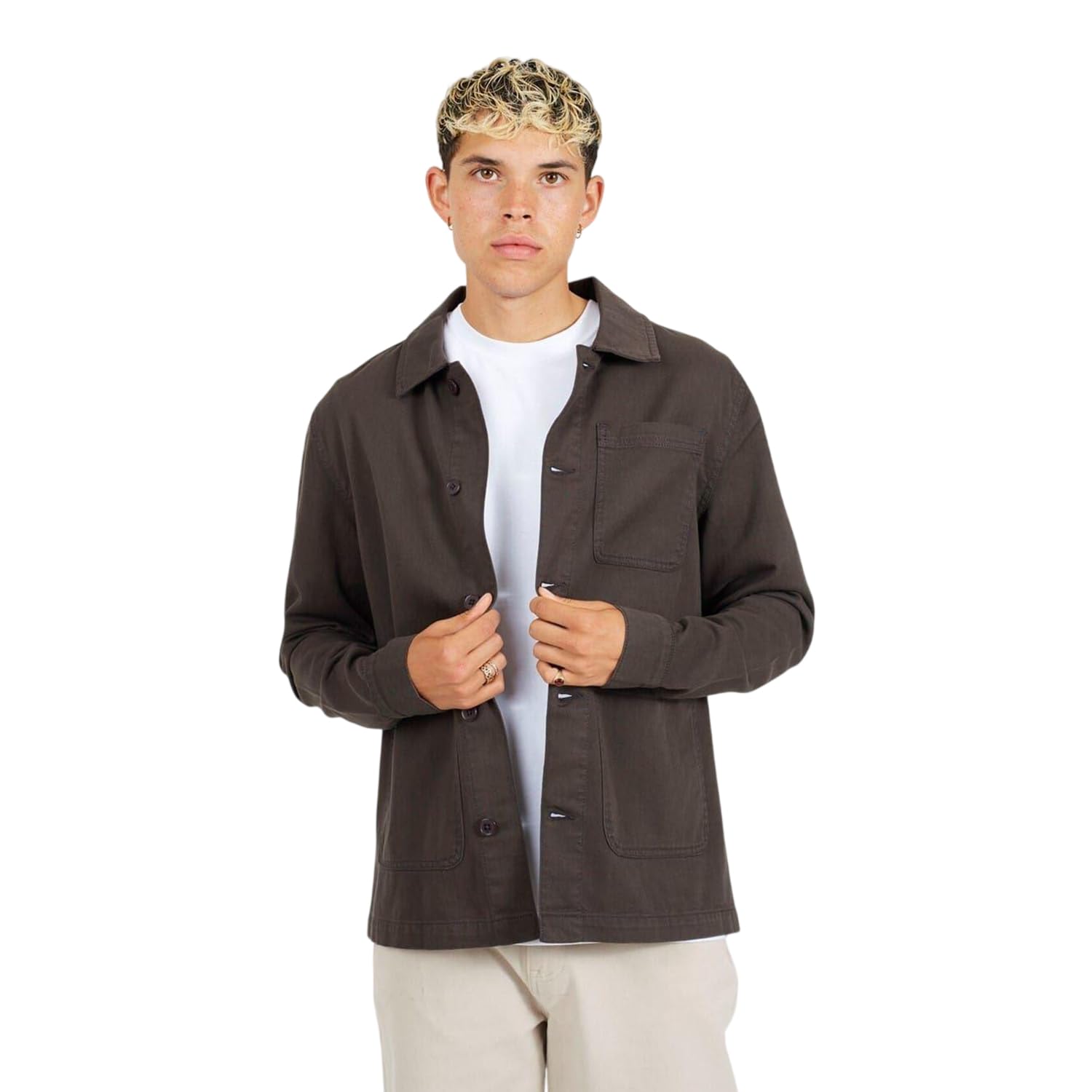 Brave Soul Men's Twill Cotton Long Sleeve Overshirt Grey Large