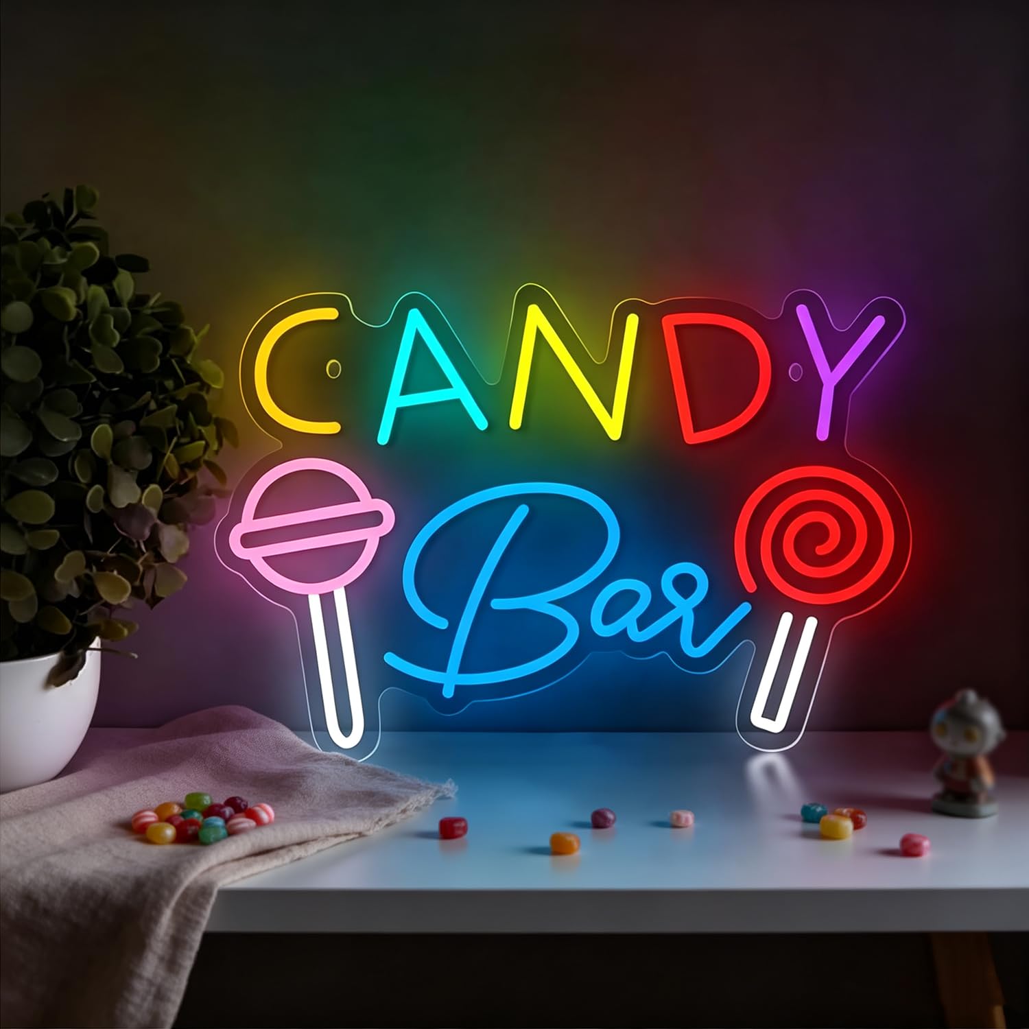 Candy Bar Neon Sign for Wall Decor, Led Candy Lollipop Neon Sign Light Up for Dimmable USB Powered Neon Light for Sweet Shop Dessert Bar Home Kitchen Birthday Party Gift 15.74”x10.82”