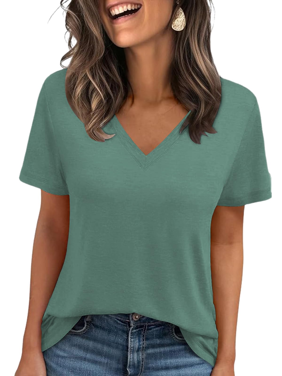 Cuptacc Tshirt Damen Sommer Basic Shirt Oberteile Damen V-Ausschnitt Kurzarm Einfarbig Casual Top