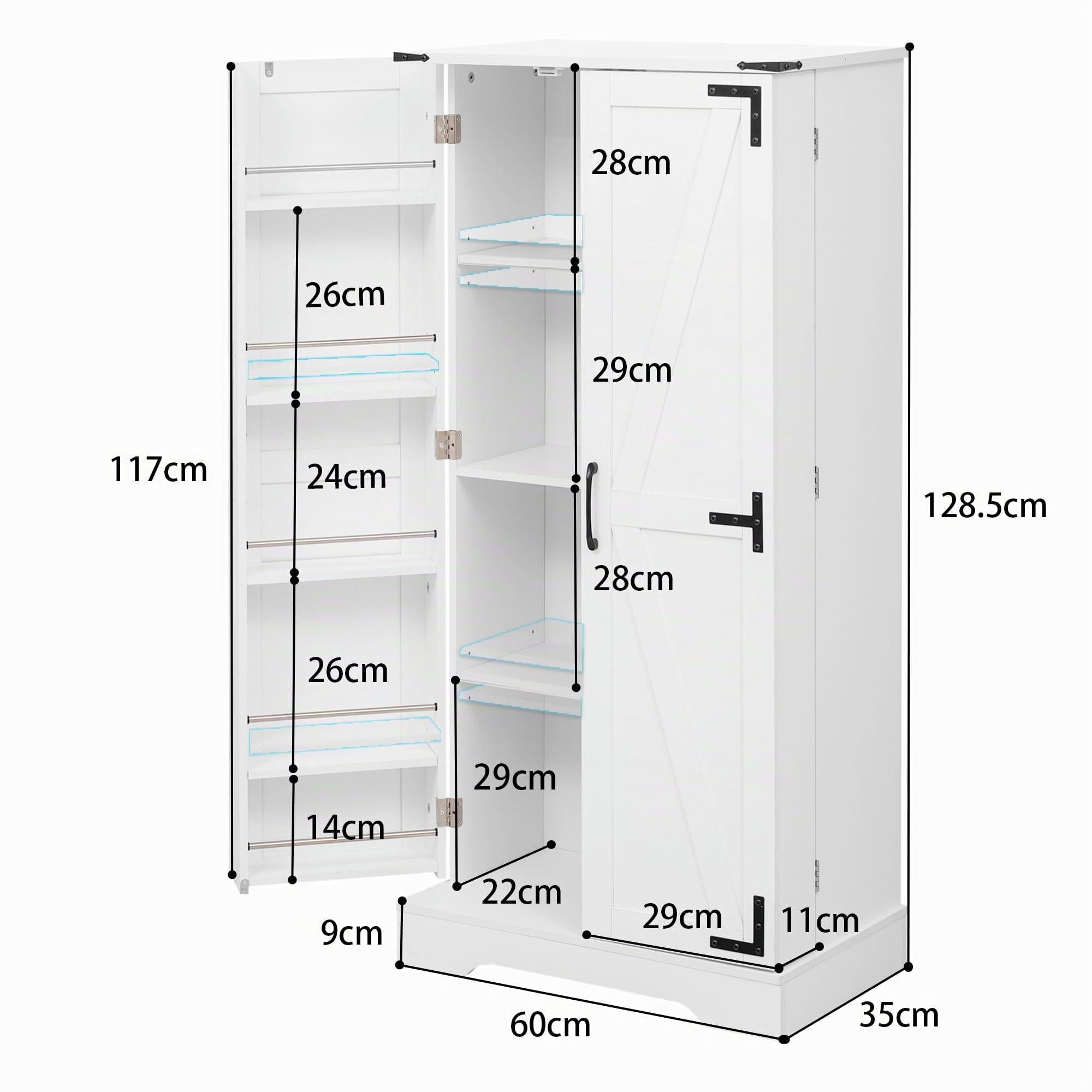 Merax Küchenschrank, Vorratsschrank mit Doppeltür, Aufbewahrungsschrank mit verstellbaren Einlegeböden, Speiseschrank mit LED Beleuchtung, Mehrzweckschrank Holz, Weiß, 60x35x128,5cm