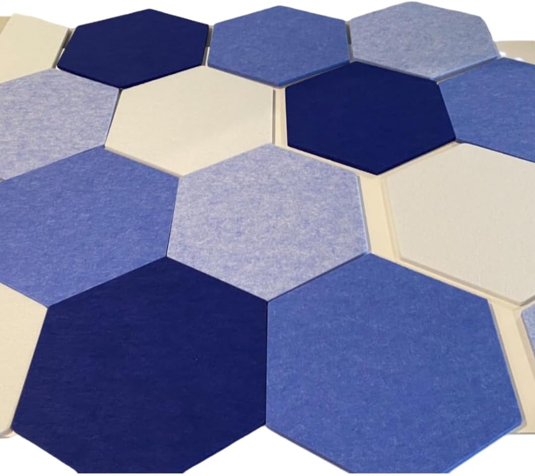 12" Large Acoustic Panels Self Adhesive Sound Proof Foam, Pack of 12 Hexagon High Density Sound Absorbing Panels Boards Home Office Kitchen, Felt Wall Tiles for Photos Memos (Blue)