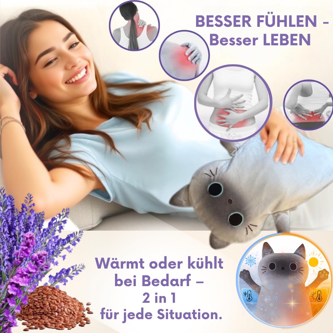 Körnerkissen, Kuscheliges Wärmekissen, Mikrowelle geeignet, waschbarer Bezug, Tier Katze Ideal bei Verspannungen und Krämpfen Geschenke für Frauen, Mädchen und Kinder (Katze grau)