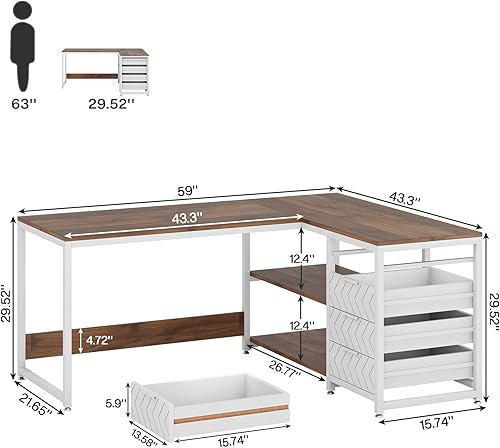 Miniatura 10 de Tribesigns Escritorio para computadora en forma de L con cajones de almacenamiento, escritorio esquinero de 59 pulgadas con estantes, escritorio