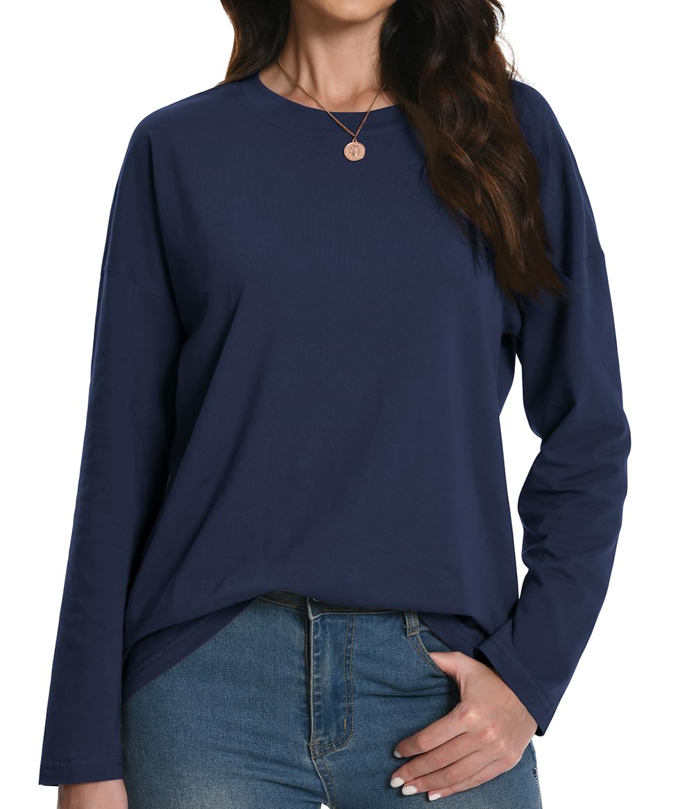Auriviz Camisas de manga larga para mujer, holgadas, ajustadas, cuello redondo, camisetas básicas, casuales, ropa de primavera 2025