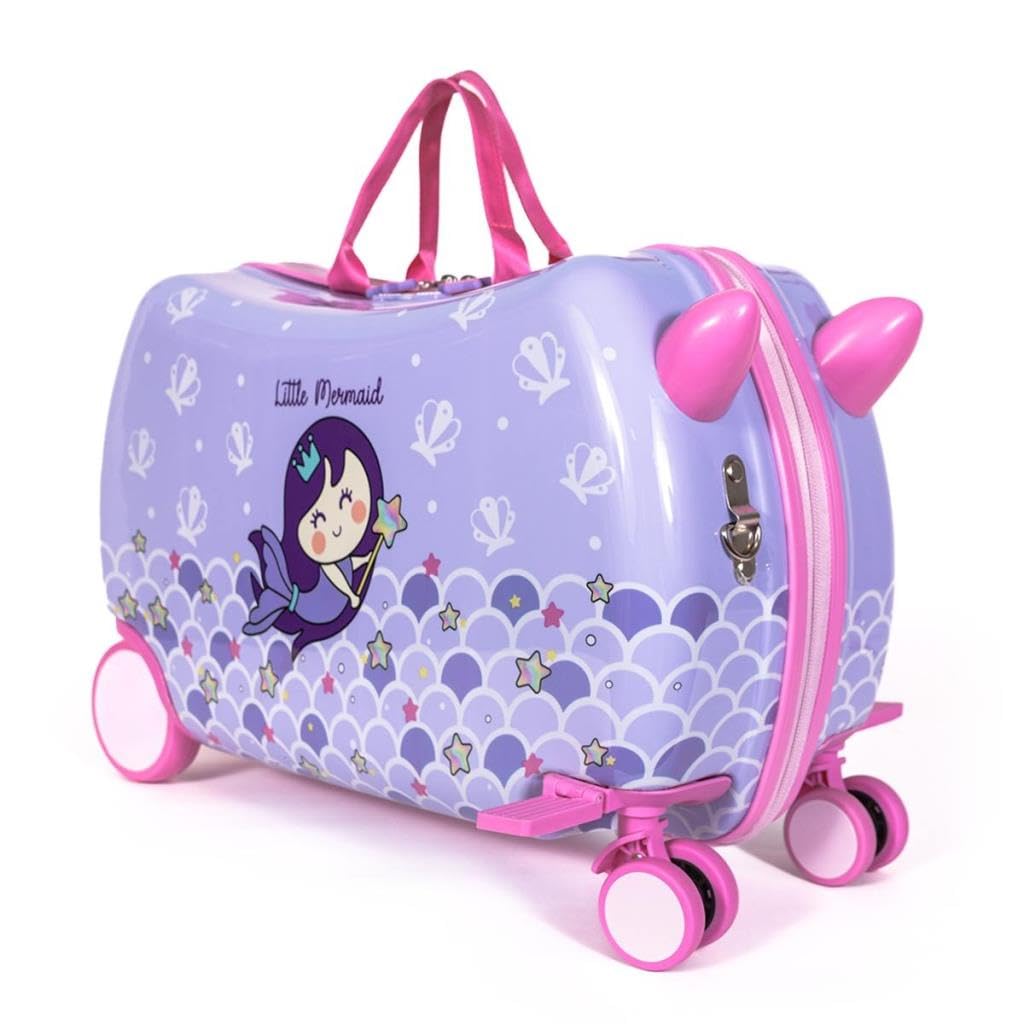 Milk&Moo Befahrbarer Kinderkoffer „Kleine Meerjungfrau“, Rollkoffer zum Sitzen & Ziehen, robust & ergonomisch, 360°-Drehräder, klappbare Fußstütze, für Kinder 2–6 Jahre, 21 L