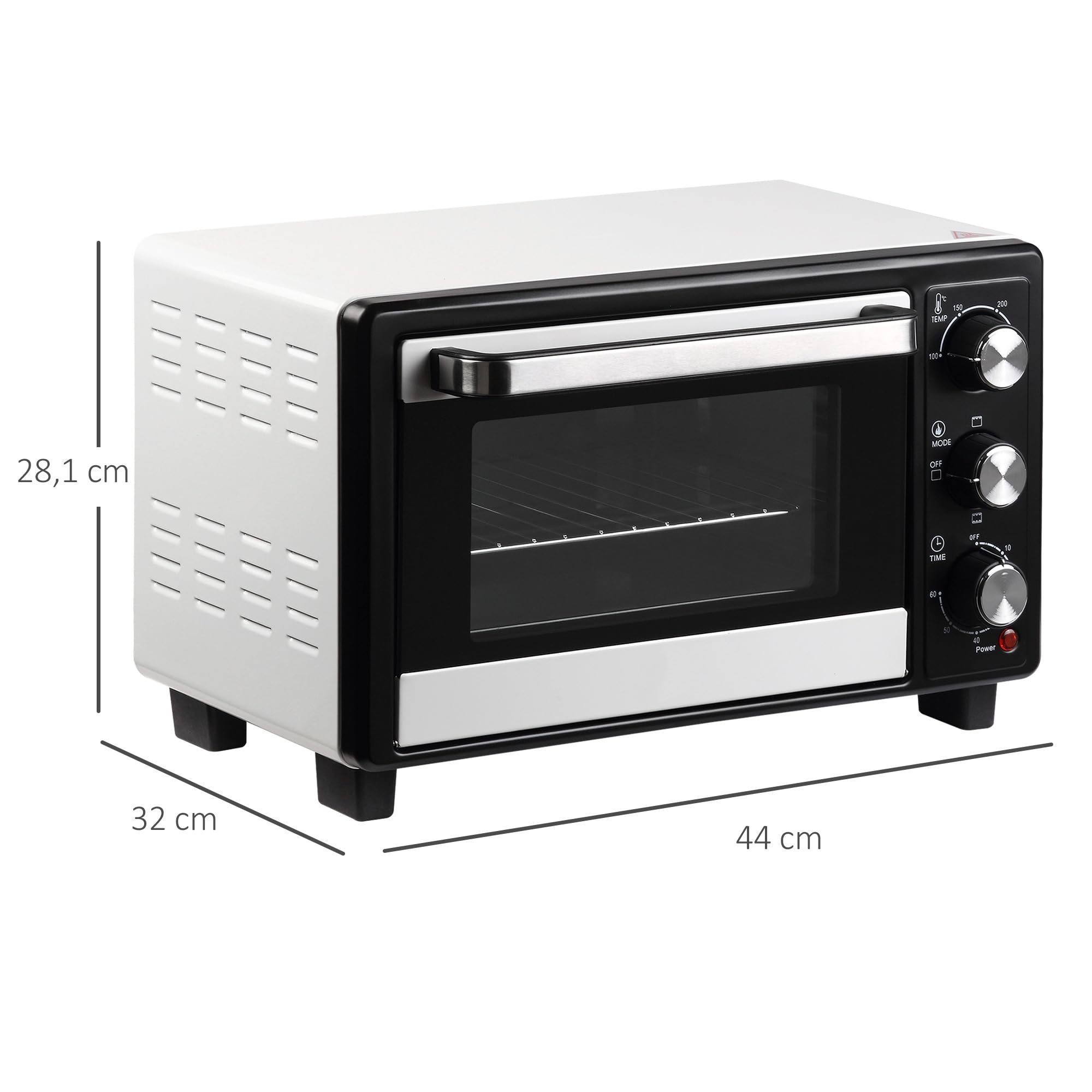 HOMCOM Horno Eléctrico de Sobremesa 16L 1400W Horno Portátil Mini Horno con 3 Modos de Calor Temperatura hasta 230 ℃ Temporizador 60 min Bandeja de Horneado y Rejilla 44x32x28,1 cm Blanco y Negro
