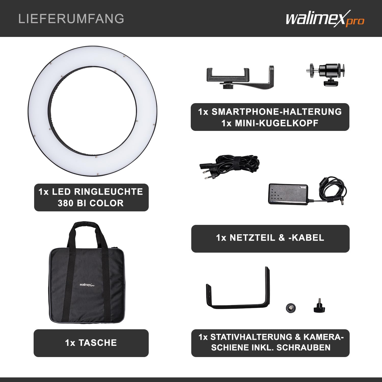 Walimex pro Anillo de luz LED 380 Bicolor 23 W, Potente Anillo de luz con sectores conmutables, Anillo Luminoso Regulable, lámpara de vídeo con Accesorios para cámara y Smartphone