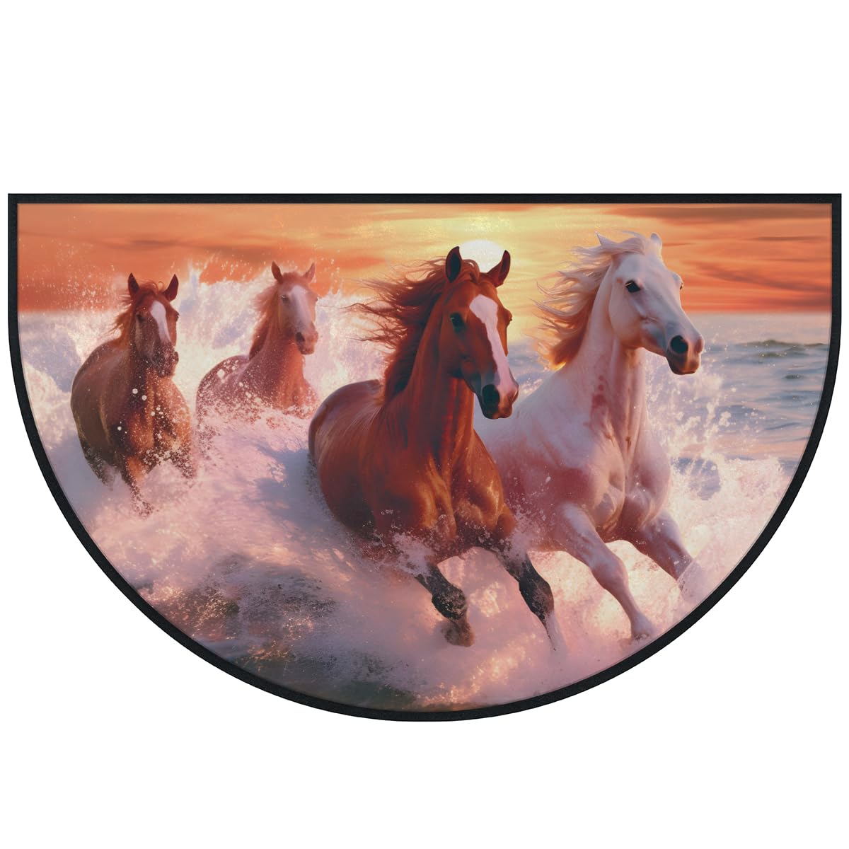 Mexpekil Paillasson demi-rond antidérapant lavable en demi-lune - Motif cheval - Coucher de soleil - Pour intérieur et extérieur - 100 x 160 cm