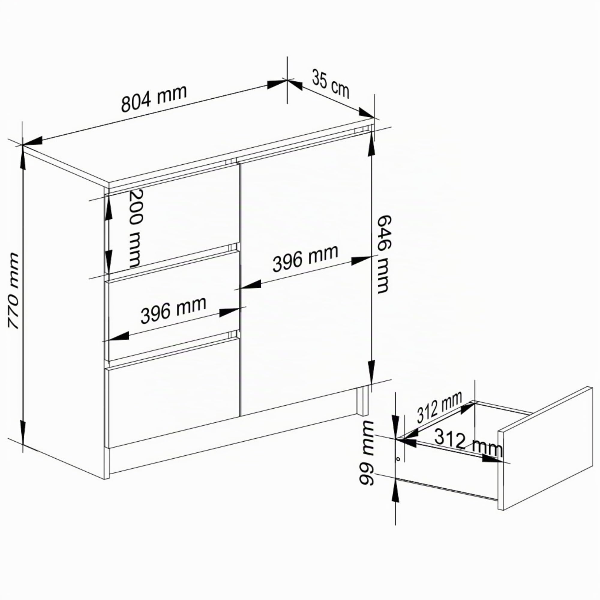 AKORD Cómoda Jerry | Cajonero con 1 Puerta 3 Cajones 2 Estantes | Credenza Alta 80 cm | 80x35x77 cm | Blanco & Roble Sonoma Frente