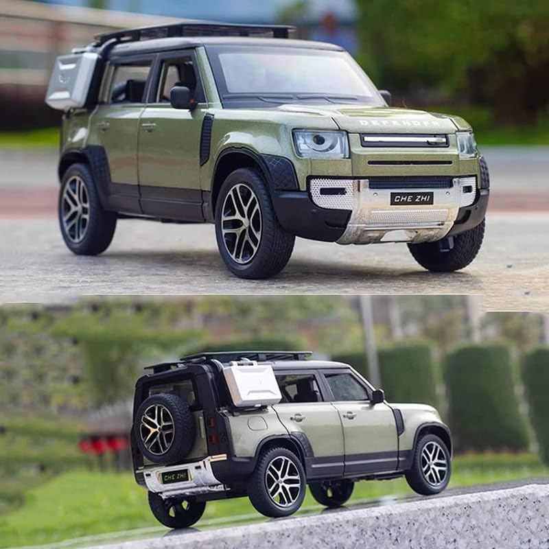 Image of Kids Model 1:24 Land Rover Defender Die Cast Metal Car Pull Back Action Opening Doors with Realistic Engine Sound Lights Toy Car Gift for Boys - Green