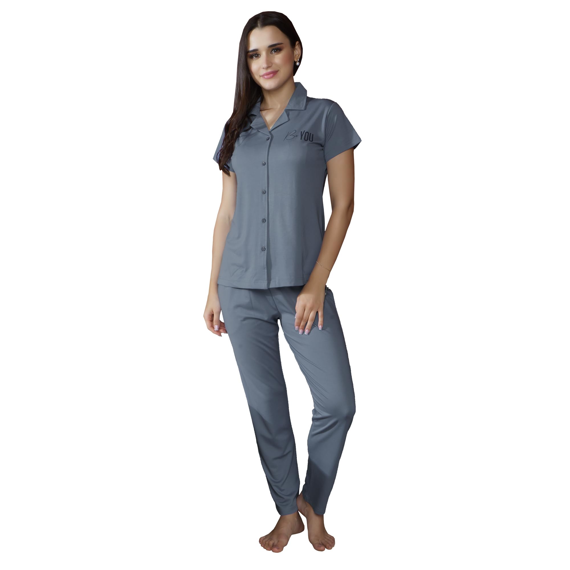 Riza Tencel Lycra Fabric Lapel Collar Short Sleeves Relaxed Fit Plain Shirt and Pyjama Night Suit Set/VNS-1150