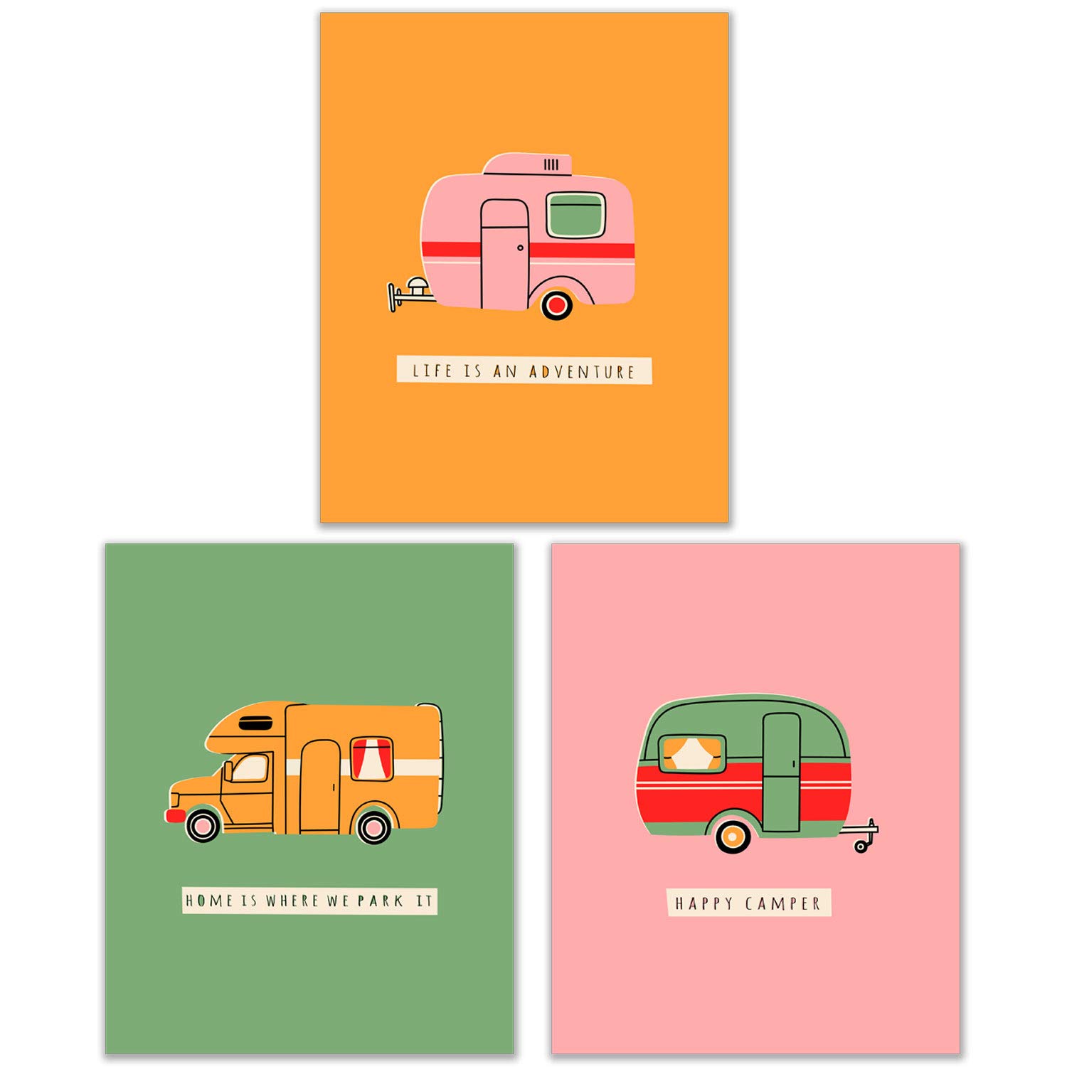 Bold Camping Trailers Prints - Set of 3 (8x10) Inches Glossy Vibrant North American Forest Woodland Camper RV Wanderlust Adventure Modern Scandinavian Wall Art Decor