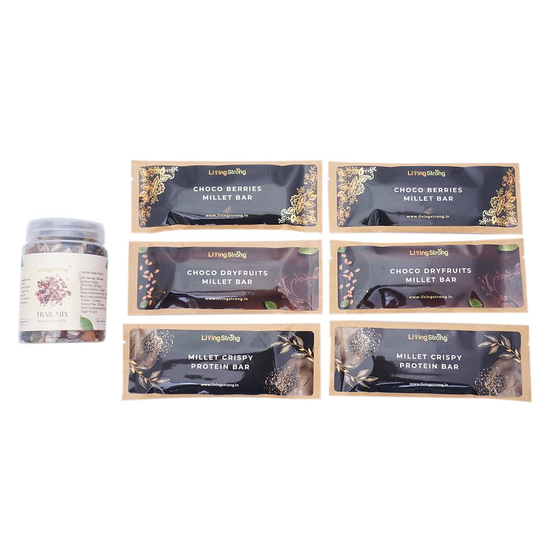 Living Strong Energy Boost Mix Nuts Seed and Berries Trail Mix (125g) with Protein Energy Bars Healthy Snack Pack (TrailMix_2ChocoDryFruits_2Crispy_2ChocoBerries Bar, Standard)-image-42