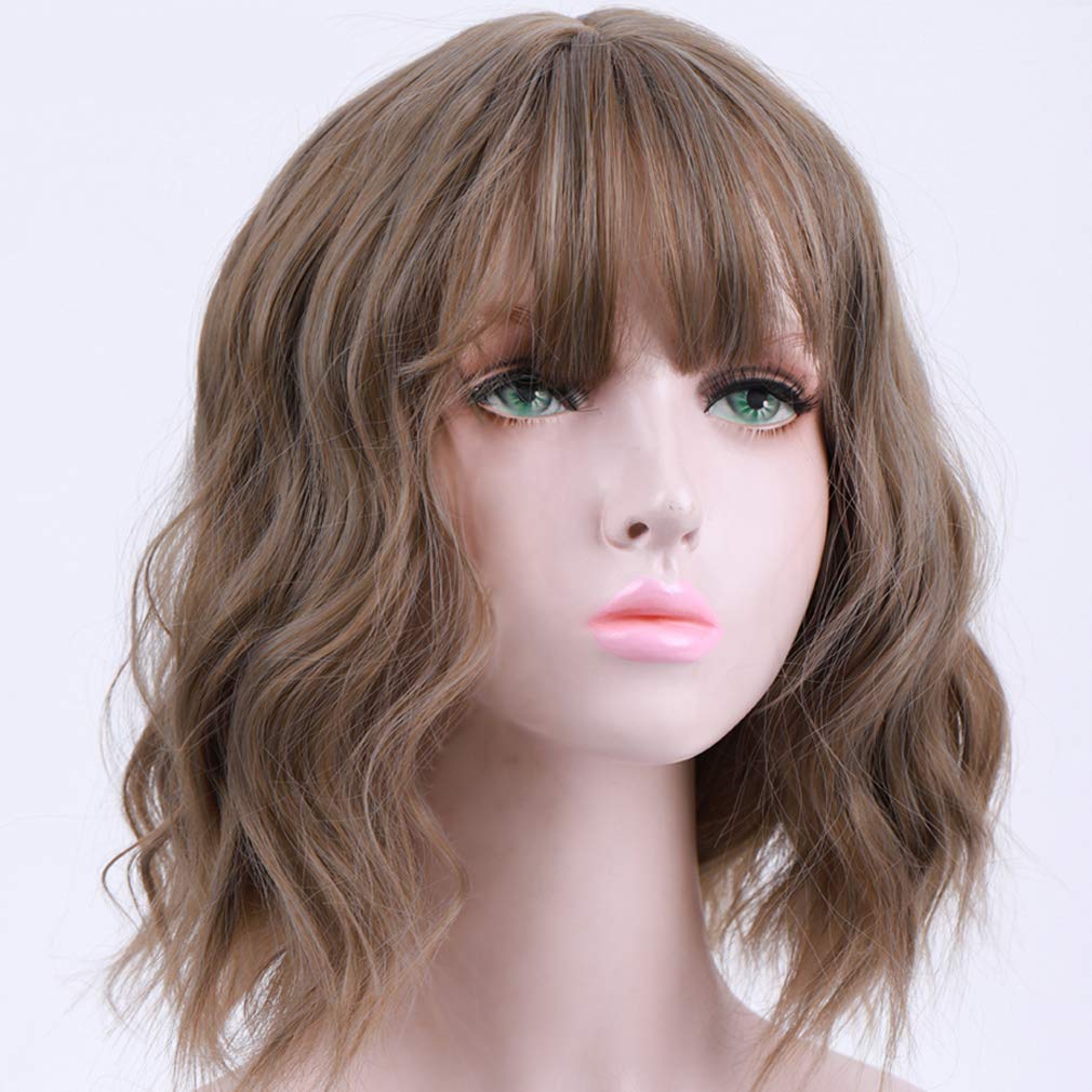 Chisu Short Bob Wig with Fringe Wavy 14 inches Synthetic Wigs For Women Grey-Blond Color