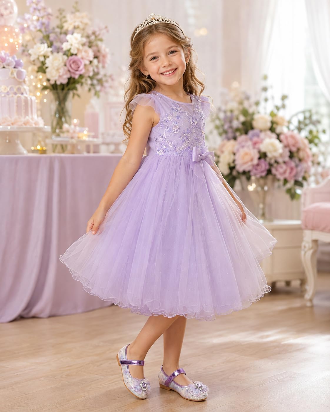 Girls Glitter Mary Jane Dress Shoes with Bow Rhinestone Princess Flats