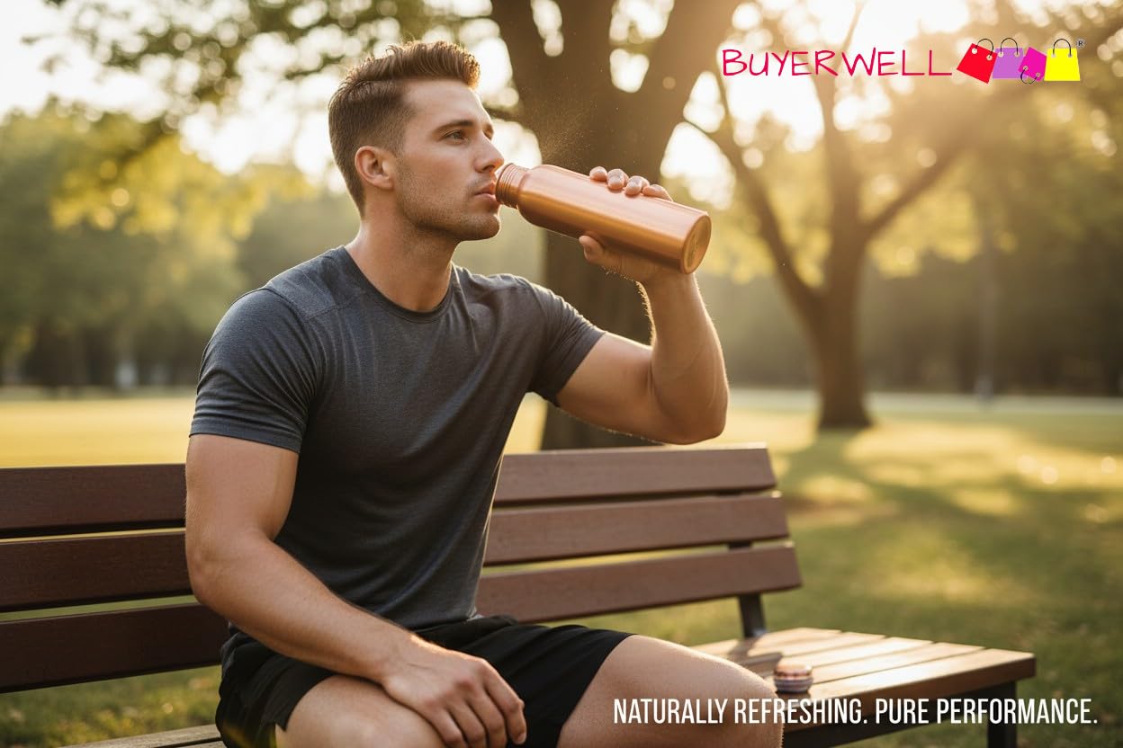Botella de agua de cobre puro, recipiente de cobre ayurvédico de 34 onzas para agua potable, diseño a prueba de fugas y ecológico, ideal para yoga, gimnasio y bienestar (acabado mate)