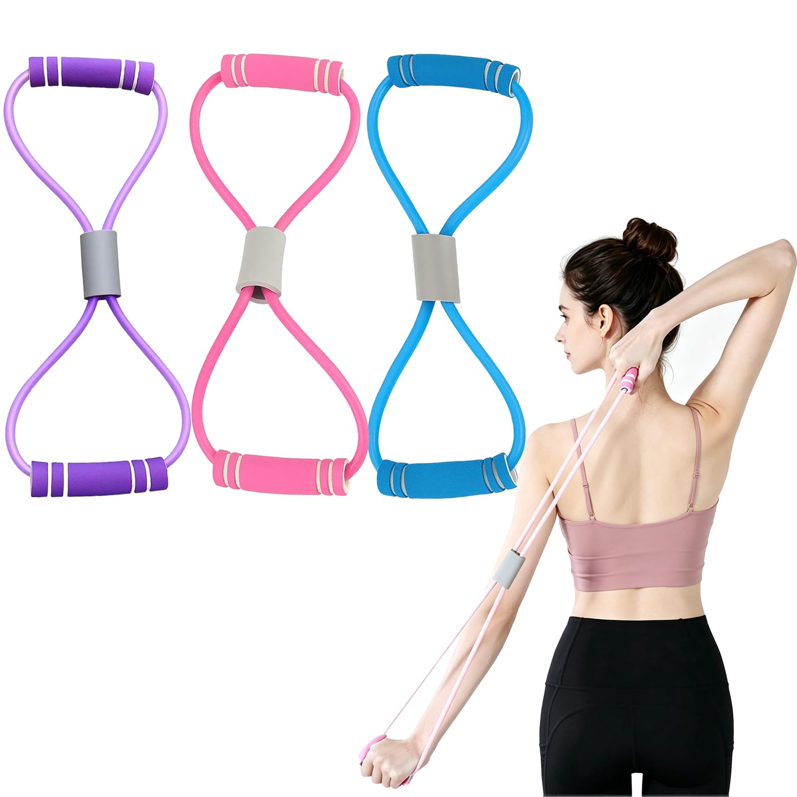 3Pcs Yoga Resistance Band,Figure 8 Resistances Bands for Exercise Arm Back Shoulder Exercise Strength Training Elastic Pulling Rope Home Gym Workout Stretch Fitness Strap for Women