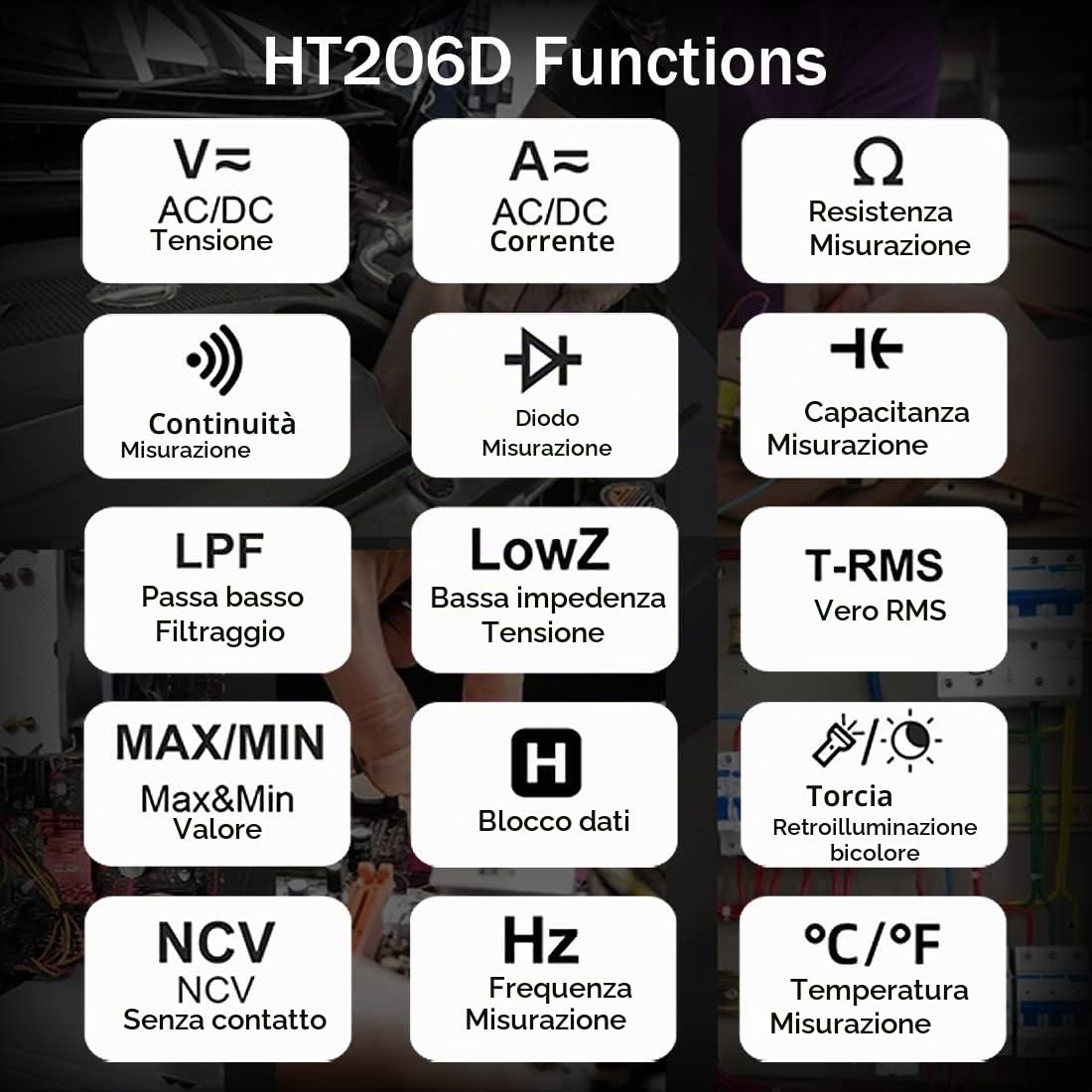 HT206D Multimetro Digitale, Pinza Amperometrica True RMS con Misura Temperatura e LowZ, NCV, LPF, AC/DC Tensione e Corrente, Frequenza, Resistenza, Capacità, Diodi, Continuità