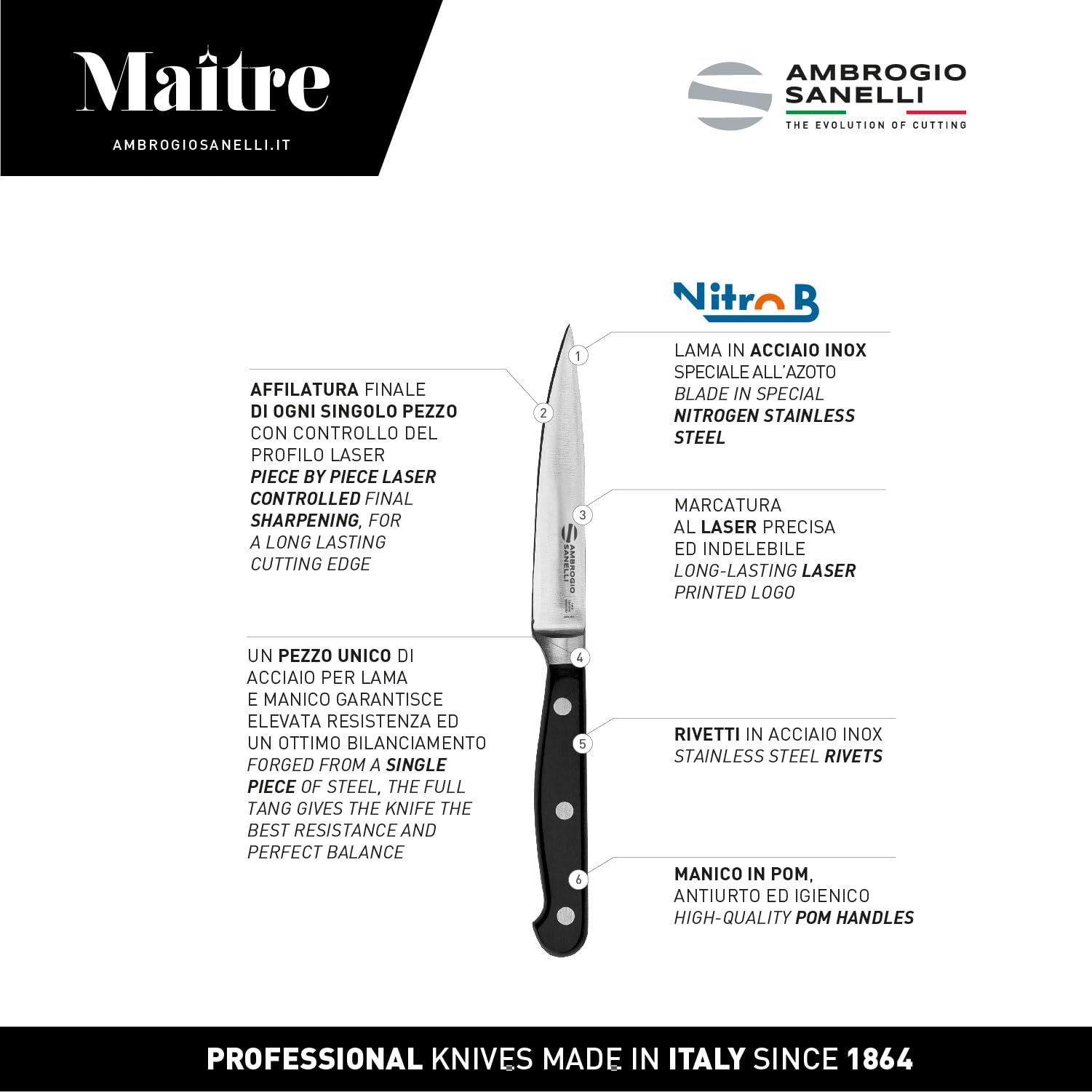 Ambrogio Sanelli, Maitre Spelucchino 11 cm, Coltello da Cucina con Lama in Acciaio Inox all'Azoto e Manico Ergonomico, Coltelli da Cucina Professionali, Made in Italy