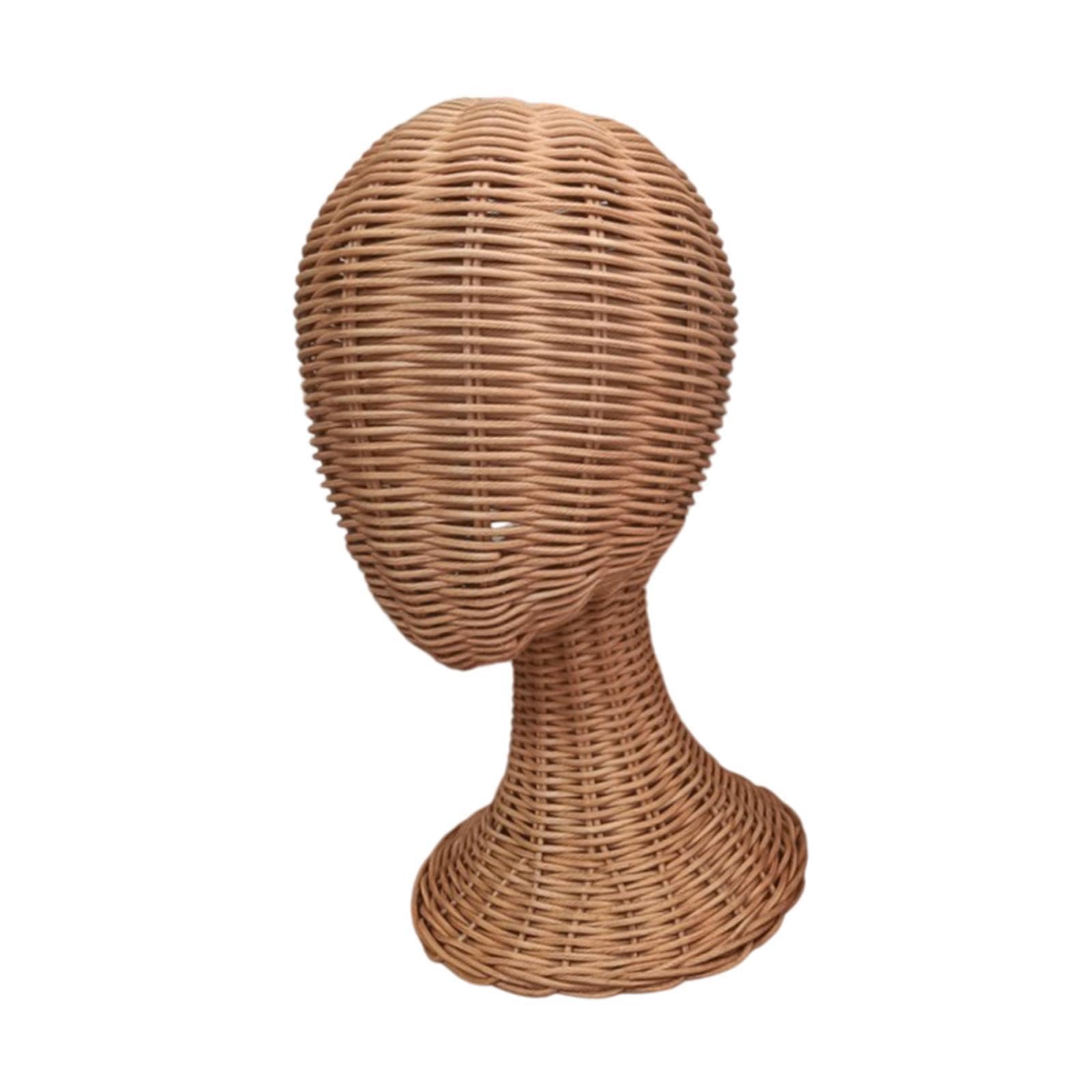 harayaa Tête de Présentation en Rotin avec Base Antiretournement, Présentoir à Chapeaux Multifonctionnel, Support pour Perruques Tressé Main, Base Stable, pour Vitrine, Magasin et Décoration Maison