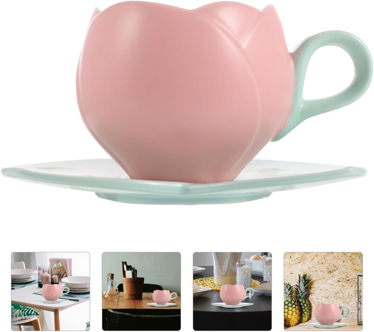 Luxshiny Ceramic Pink Tulip Coffee Mug with Handle, 10oz/300ml Tulip Shape Coffee Cup with Saucer for Tea Milk for Home Office (Pink)