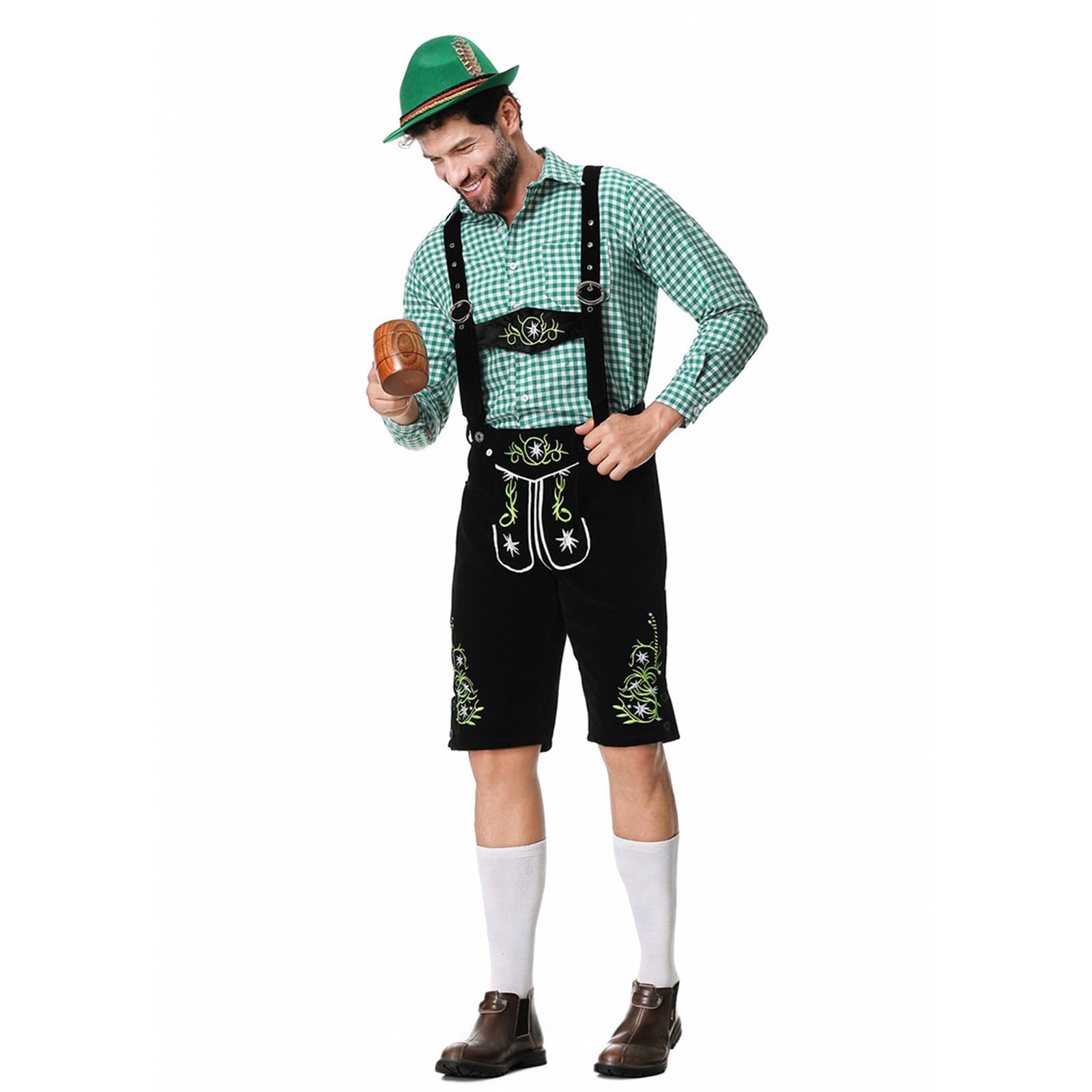 Lederhose Herren Kurz Schwarz,Lederhosen Mit TräGern Klassisch Trachtenhose Mit Stickerei Hemd Trachtenhosen Elegant Und Bequem Trachten Lederhose FüR Oktoberfest Bierfest