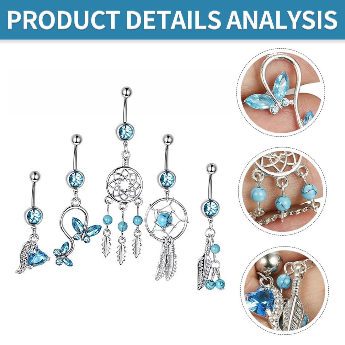 Set 10 Piercing Ombelico YADOCA - Acciaio Chirurgico Con CZ Rosa/Blu, Design Farfalla E Serpente - Foto 4