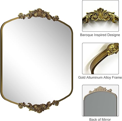 Miniatura 3 de Espejo vintage dorado de 40 x 32 pulgadas, espejo antiguo arqueado para pared, marco de metal, espejo barroco para tocador de baño